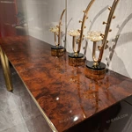 Four-Door Sideboard with High-Gloss Burl Wood Veneer Polished Gold-Finish Stainless Steel Frame and Spacious Shelved Storage